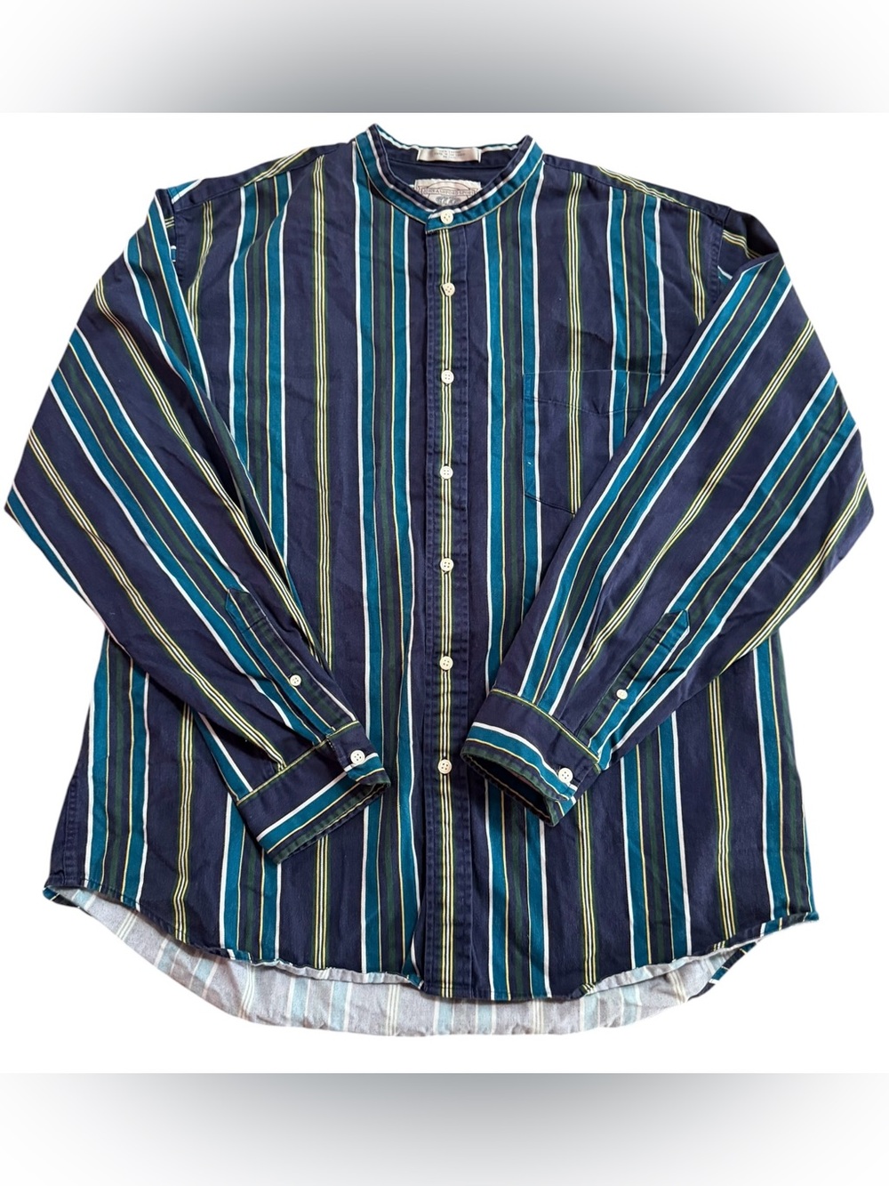 VINTAGE 90s John Ashford Navy, Teal & Green Striped Band Collar Shirt